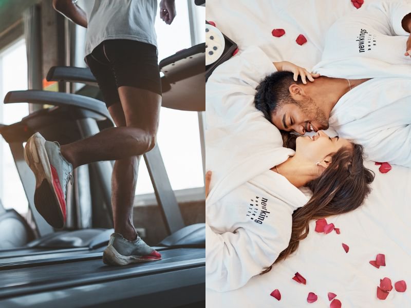 Collage of man on treadmill and couple in bed