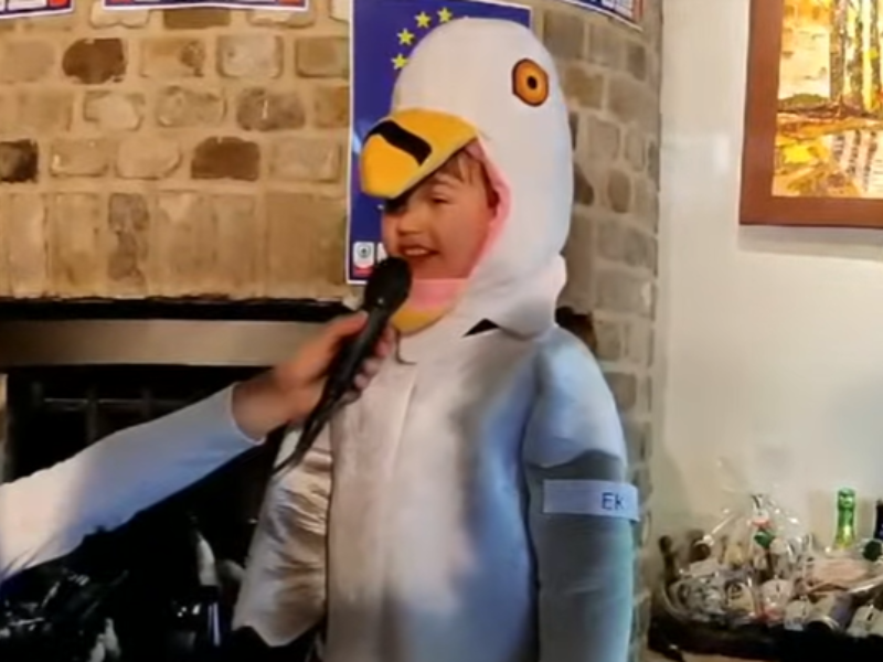A young boy is wearing a penguin costume