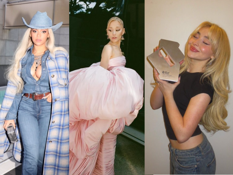 Collage image of Beyonce, Sabrina Carpenter and Ariana Grande