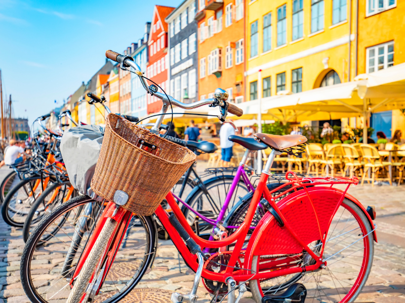 Bicycles lined up outside a restaurant