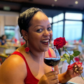 Carol Ofori holding a red rose and sipping on red wine