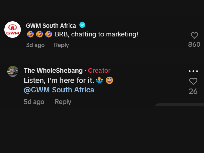 Comments from a brand and content creator on a TikTok video