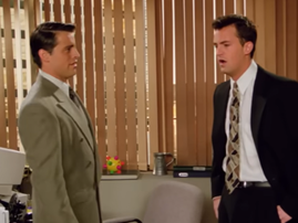 Joey and Chandler from Friends talking to each other in the office
