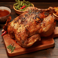Roast chicken on a wooden table